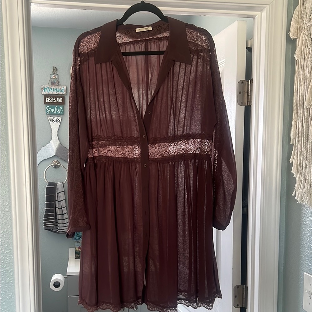Sheer Burgundy Lace Button-Up Dress